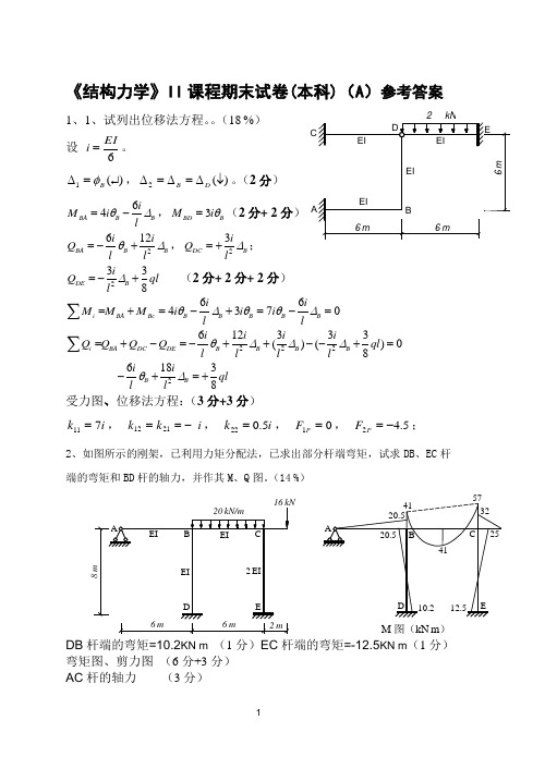 《结构力学》II课程期末试卷(本科)(A)参考答案