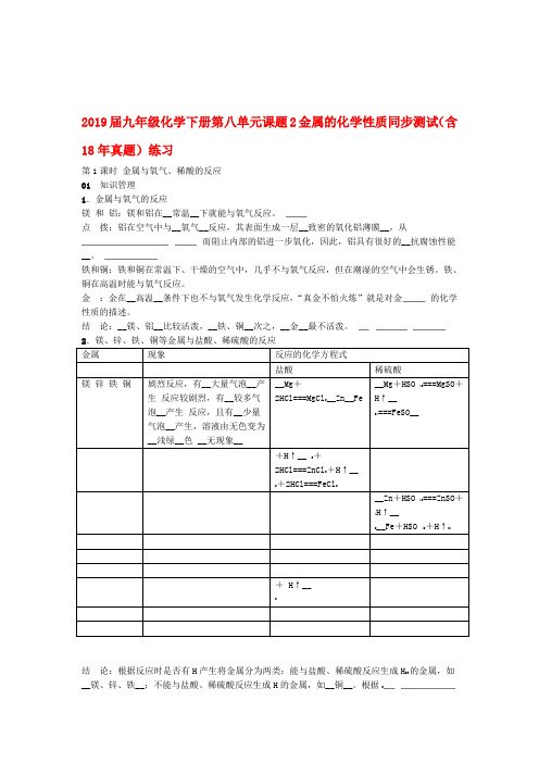 2019届九年级化学下册第八单元课题2金属的化学性质同步测试含18年真题练习