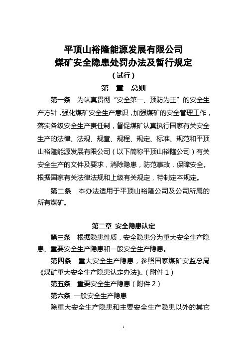 (发展战略)平顶山裕隆能源发展有限公司煤矿安全隐患惩罚办法及暂行规定