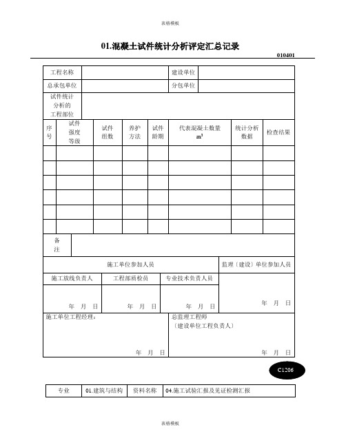 混凝土试件统计分析评定汇总记录(2023版)