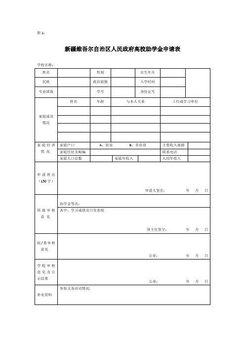 自治区人民政府助学金申请表