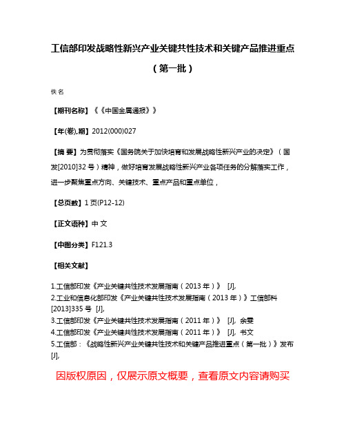 工信部印发战略性新兴产业关键共性技术和关键产品推进重点（第一批）