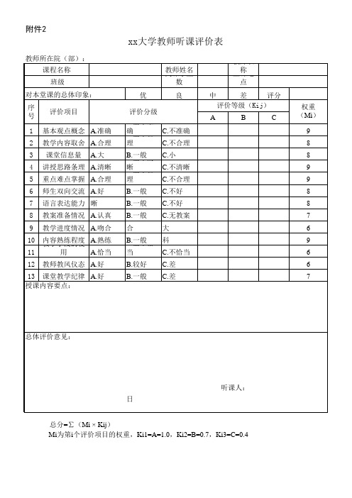 xx大学教师听课 评价表