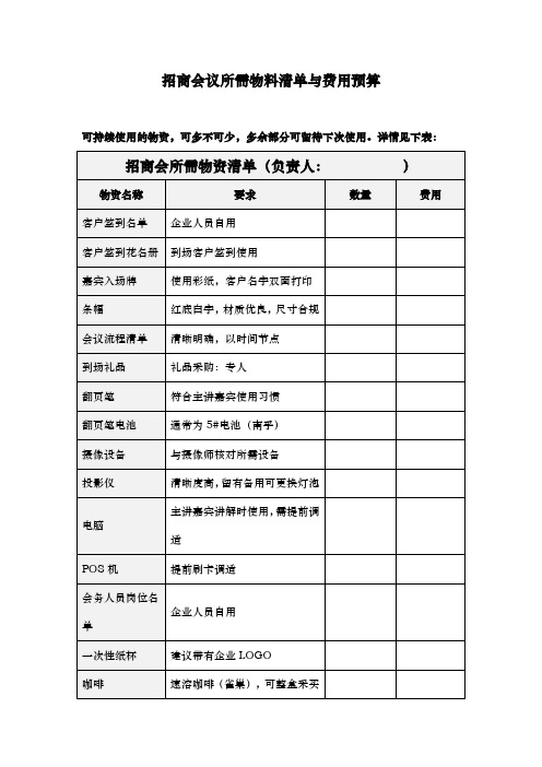 招商会所需物料清单与费用预算