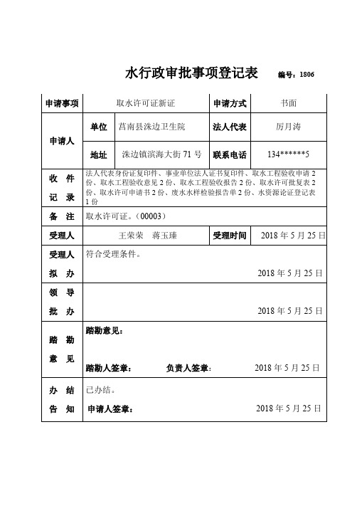 水行政审批事项登记表