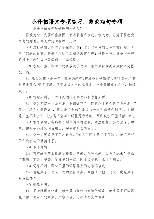 小升初语文专项练习：修改病句专项