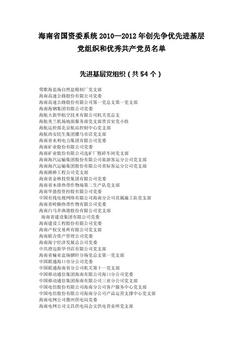 海南省国资委系统2010—2012年创先争优先进基层党组织和优秀共产党员名单