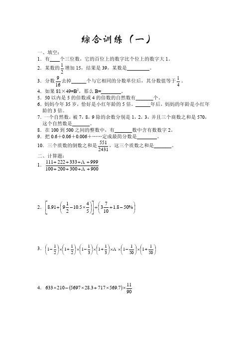 小学数学六年级《综合训练(一)》练习题