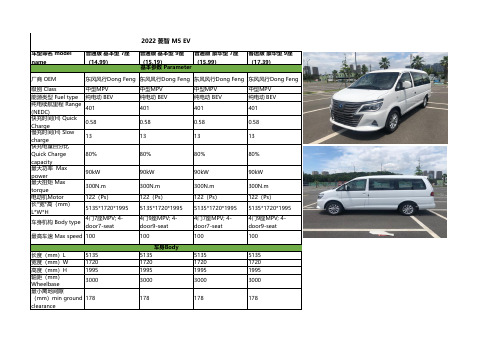 东风风行2022 菱智 M5 EV 参数配置表说明书