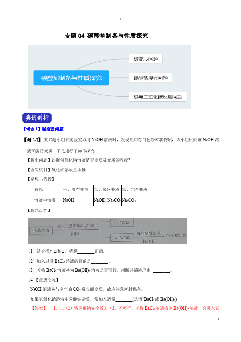 浙教版科学2020年中考压轴题专题04 碳酸盐制备与性质探究(解析版)