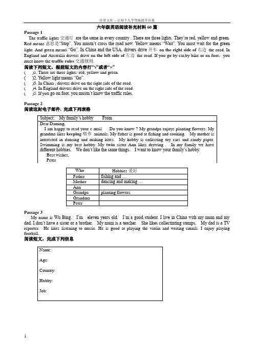 六年级英语阅读补充材料60篇