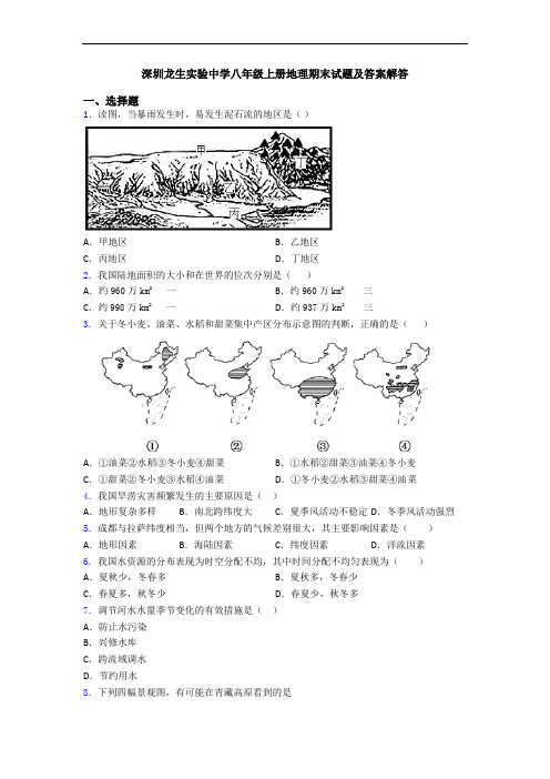 深圳龙生实验中学八年级上册地理期末试题及答案解答