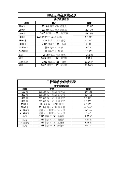 田径运动会成绩记录表