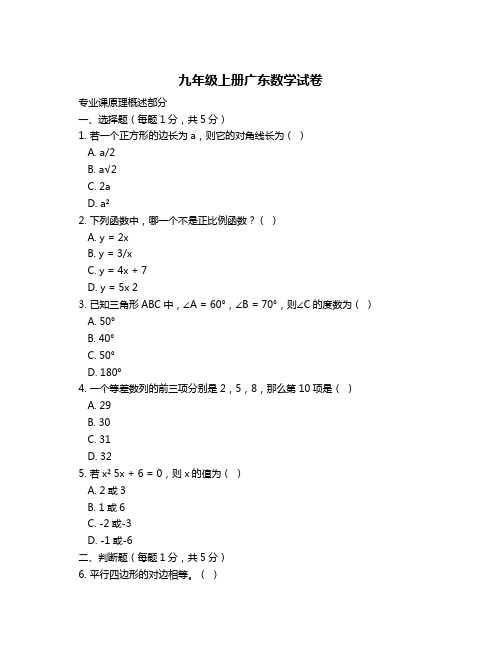 九年级上册广东数学试卷