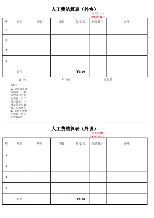 人工费用结算表(外协)