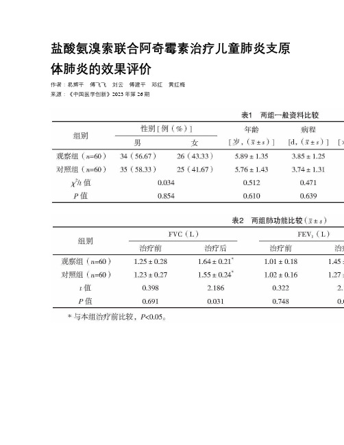 盐酸氨溴索联合阿奇霉素治疗儿童肺炎支原体肺炎的效果评价