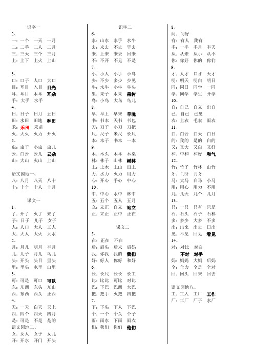 一年级上学期语文写字表组词