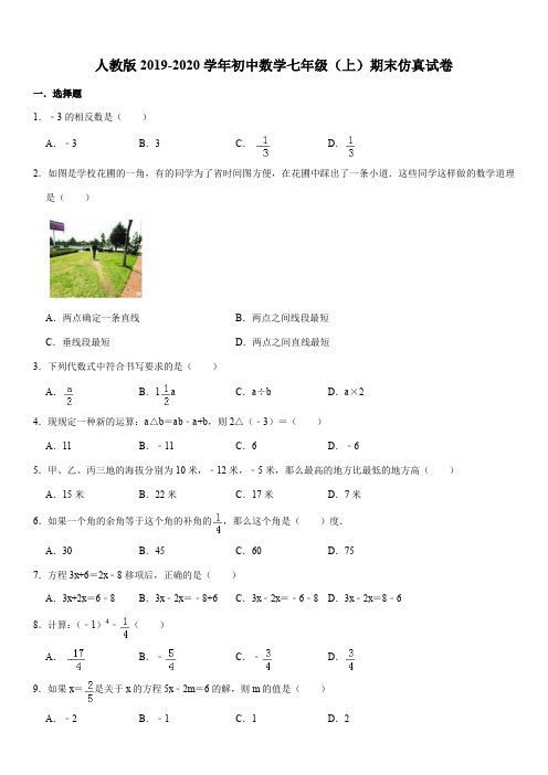 人教版2019-2020学年初中数学七年级(上)期末仿真试卷