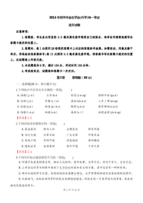 2016年贵州省黔南州中考语文试题(解析版)