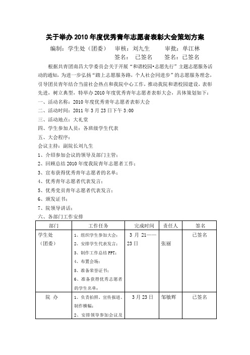 关于举办2010年度优秀青年志愿者表彰大会策划方案