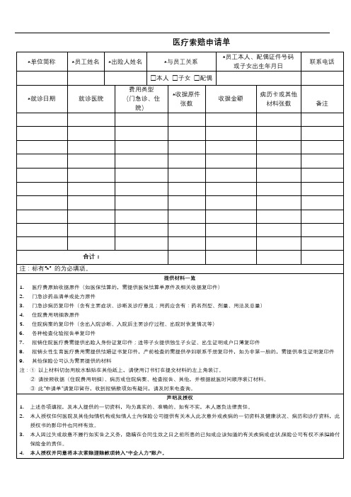 医疗索赔申请单【模板】