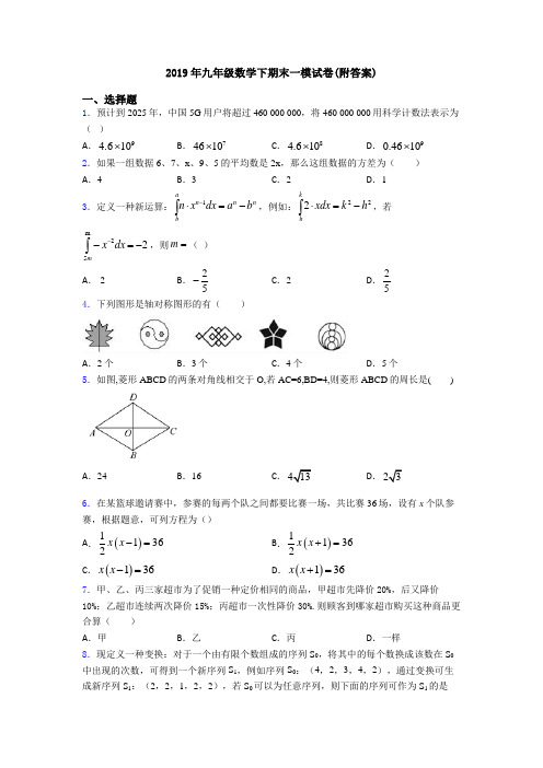 2019年九年级数学下期末一模试卷(附答案)