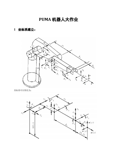 机器人技术大作业(puma机器人的关节坐标建立、dh参数表给出、正逆运动学推导、matlab工作空间