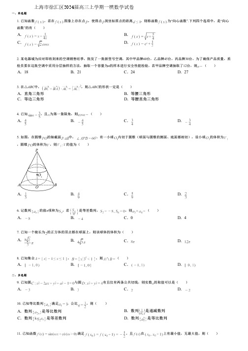 上海市徐汇区2024届高三上学期一模数学试卷