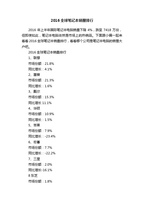 2016全球笔记本销量排行