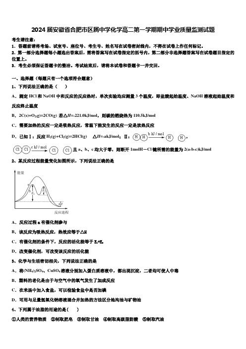 2024届安徽省合肥市区属中学化学高二第一学期期中学业质量监测试题含解析