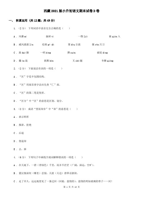 西藏2021版小升初语文期末试卷D卷精编