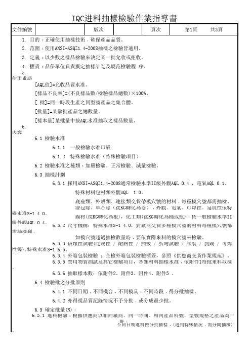 IQC进料抽样检验作业指导书 模板