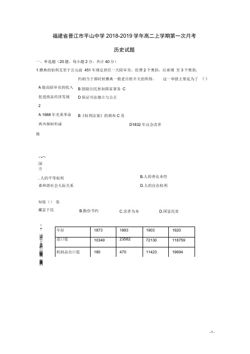 福建省晋江市平山中学高二历史上学期第一次月考试题