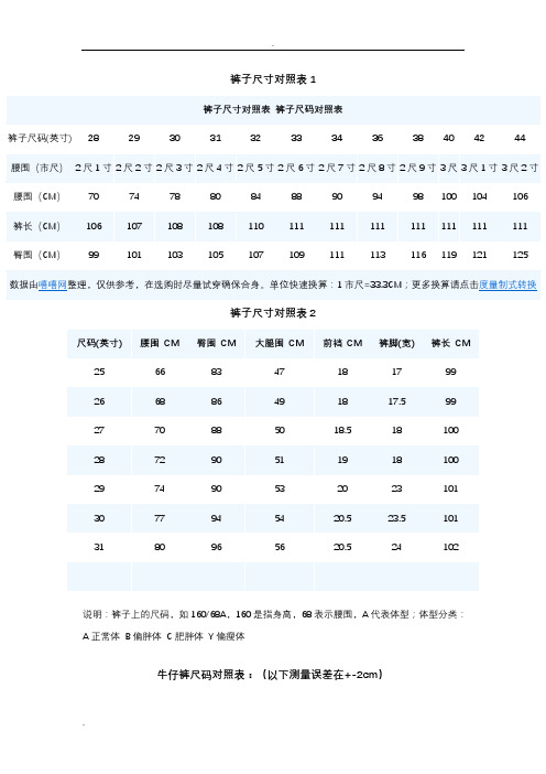 牛仔裤尺码对照表