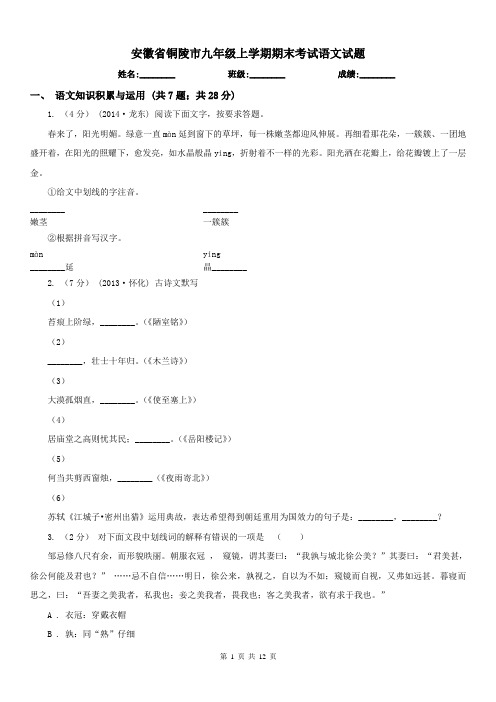 安徽省铜陵市九年级上学期期末考试语文试题