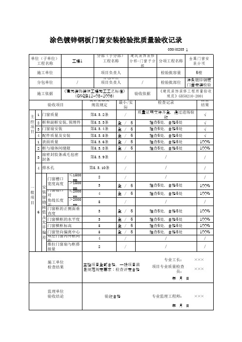 涂色镀锌钢板门窗安装检验批质量验收记录(最新版)