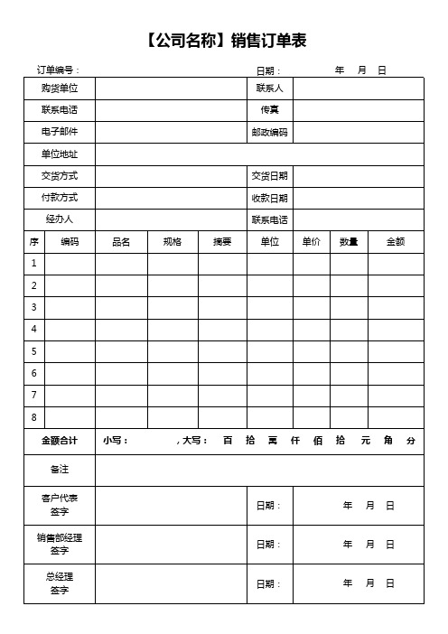 公司销售订单表模板(可直接下载使用或编辑)