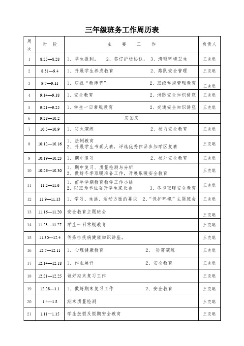 三年级班务工作周历表