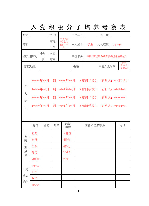 入党积极分子培养考察表模板