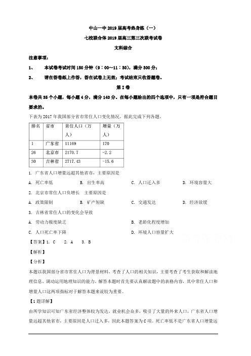 广东省中山市第一中学2019届高三下学期高考热身练习(一)文科综合地理试题 含解析