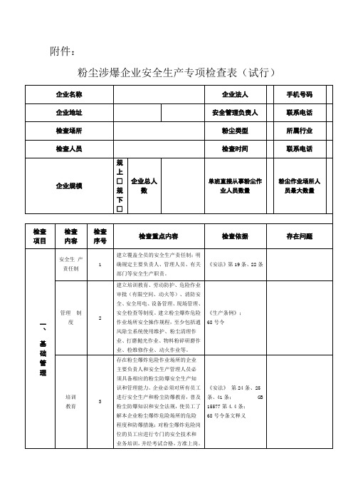 粉尘涉爆企业安全生产专项检查表(试行,附检查表引用依据)