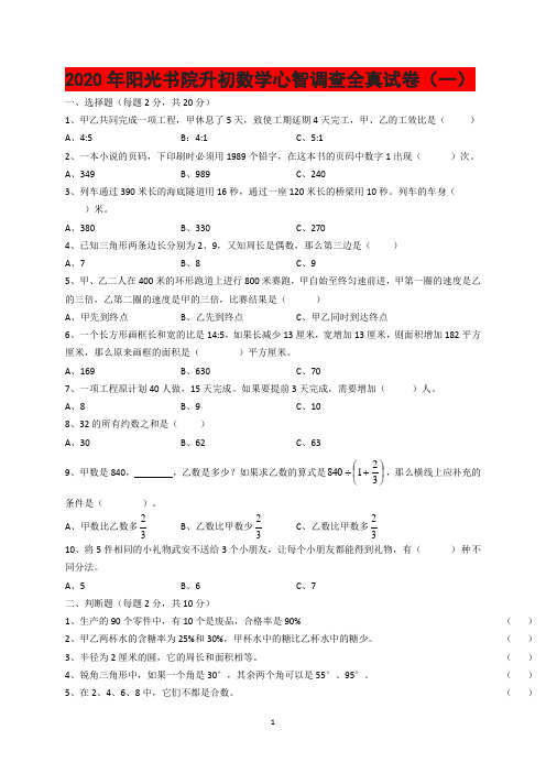 2020年阳光书院升初数学语文心智调查全真试卷(一)