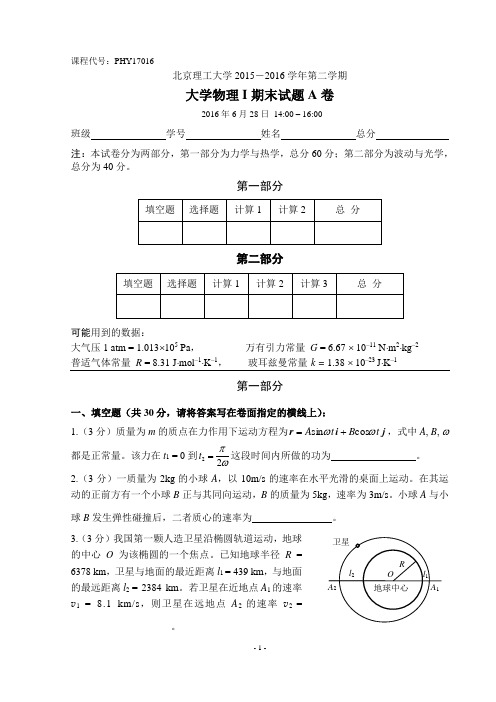 2016年大学物理Ⅰ期末考试题A卷