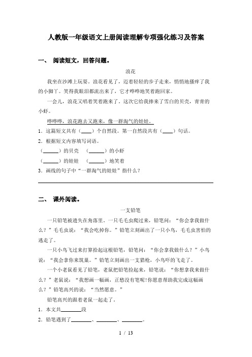 人教版一年级语文上册阅读理解专项强化练习及答案