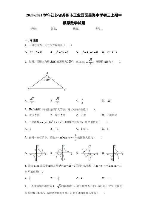 2020-2021学年江苏省苏州市工业园区星海中学初三上期中模拟数学试题