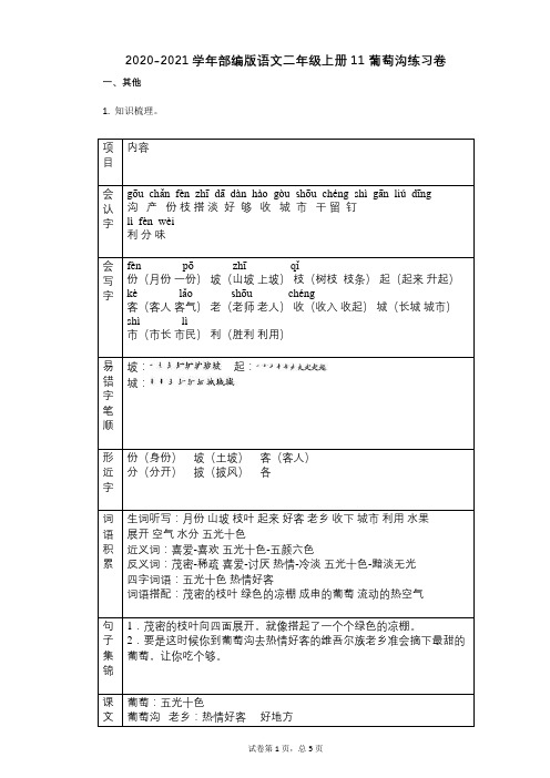 2020-2021学年部编版语文二年级上册11_葡萄沟练习卷