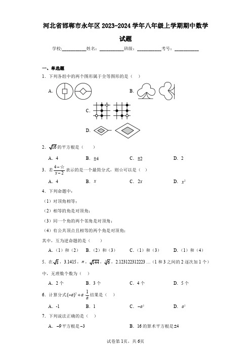 河北省邯郸市永年区2023-2024学年八年级上学期期中数学试题