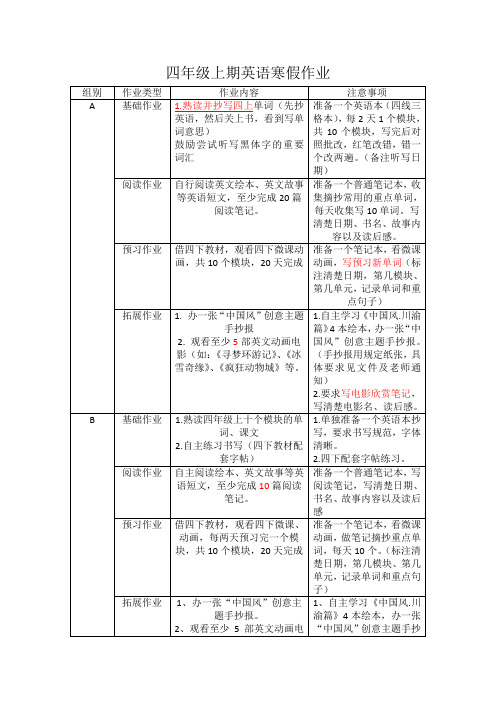 四年级上期寒假作业设计