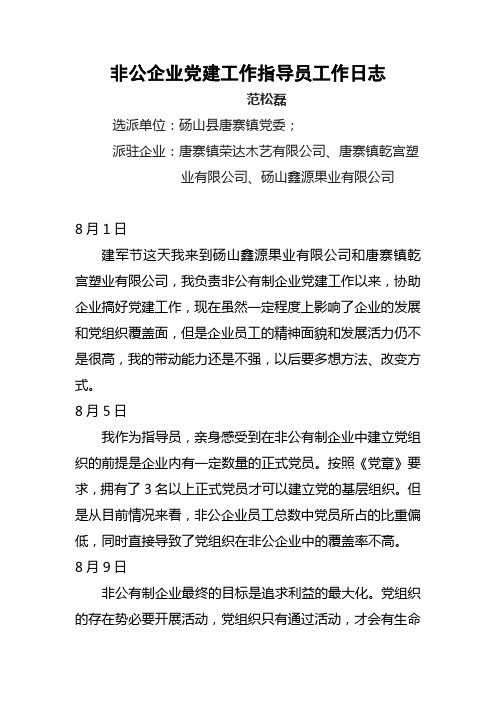 非公企业党建工作指导员工作日志