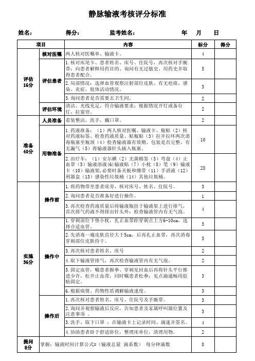 静脉输液考核评分标准